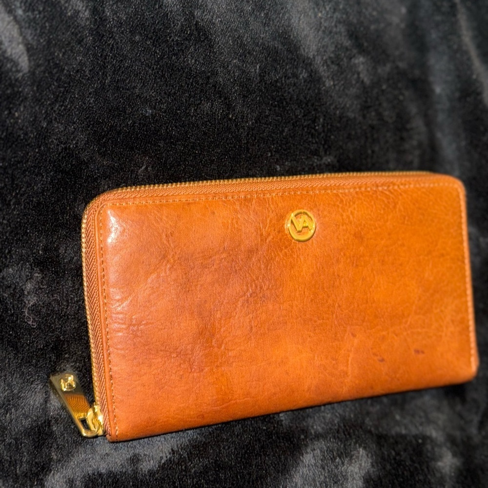 Valentina Tan Leather Wallet with Gold Zipper